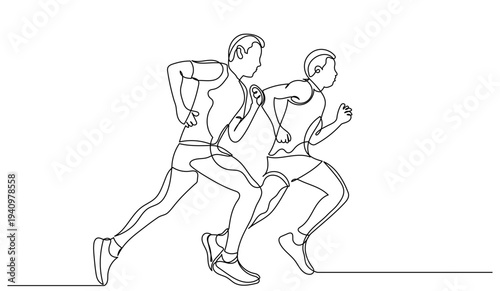 Continuous line drawing of two men running side by side. Minimalist one-line art of male joggers in motion. Perfect for fitness, marathons, and sports branding.male run vector illustration