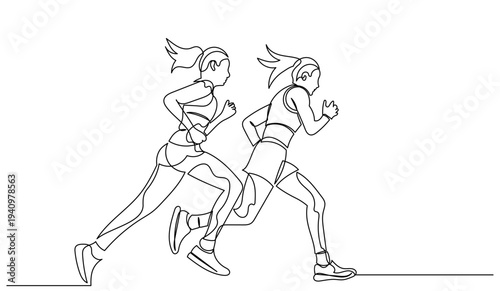 Continuous line drawing of two women running side by side. Minimalist one-line art of female joggers in motion. Perfect for fitness, marathons, and sports branding.female run vector illustration