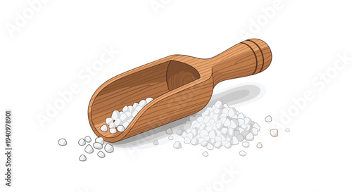 A light brown wooden scoop rests beside a substantial pile of white granular salt with scattered crystals on a clean white background.