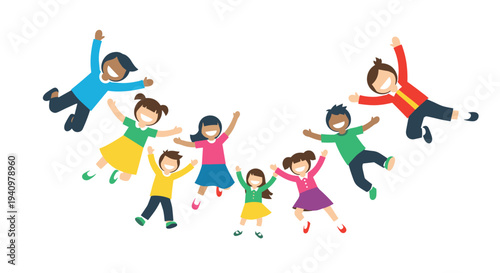 Nine diverse elementary school children, four boys and five girls, are jumping in a semicircular formation with spread limbs against a clean white background.