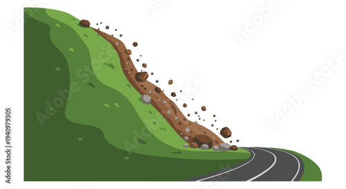 A brown dirt landslide spills various sizes of rocks and boulders from a multi-toned green hillside onto a curving grey asphalt road against a plain white background.