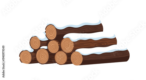 A neatly stacked pile of ten brown wooden logs, each partially covered with white snow, rests horizontally against a clean white background.
