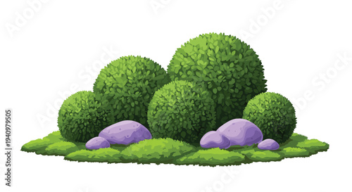 A vibrant cluster of seven spherical green topiary bushes and five smooth purple rocks rests on a patch of green moss against a white background.