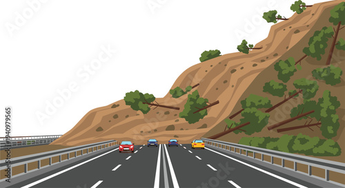 Four colorful cars drive on a multi-lane highway toward a massive brown earth landslide covered in fallen pine trees that completely blocks the road ahead under a white sky.
