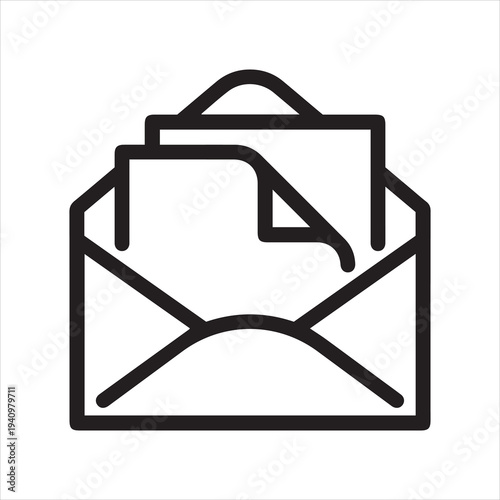 Thin Icon Email, Address and Mail or Newsletter. Such Line Sign as Isolated Open Envelope and Paper Letter. Custom Vector Pictogram EPS 10 for Web in Outline Style on White Background Editable Stroke.