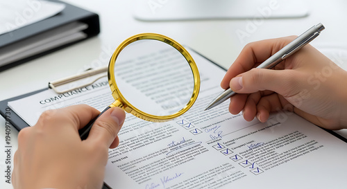 Person using magnifying glass and writing pen to review business document on clipboard for corporate compliance management, professional auditing, regulatory legal oversight, and quality control.