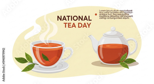 National tea day celebration with steaming cup and teapot on saucers with green leaves on a beige background