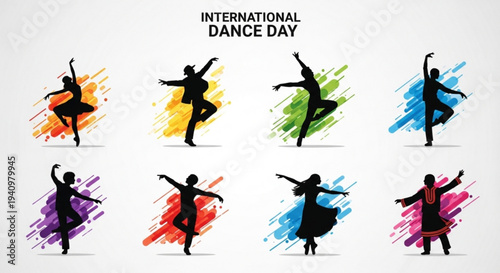 International dance day celebration with colorful silhouettes of dancers in various poses on white background