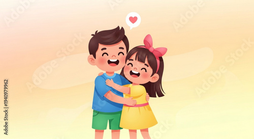 Smiling children hugging with love heart above happy kids in colorful clothes