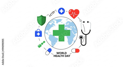 World health day medical icons around globe with green cross