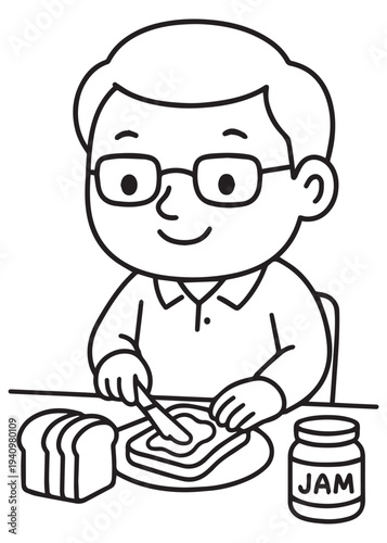 coloring book dad spreading jam on toast, preparing a simple breakfast sandwich