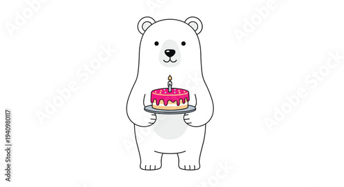 A charming cartoon polar bear stands upright, holding a small pink birthday cake with a lit candle against a pristine white background.
