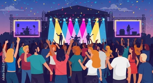 People enjoying live music festival with colorful lights and screens at night