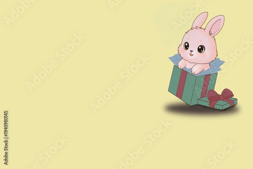 Cute Bunny in Gift Box with Copy Space Pastel Background