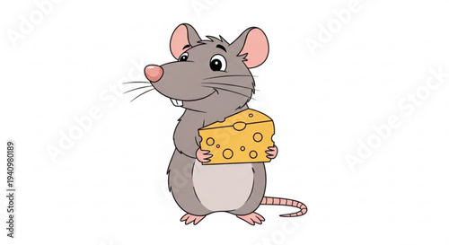 Cute cartoon mouse holding a large piece of cheese smiling and standing on hind legs with a white background