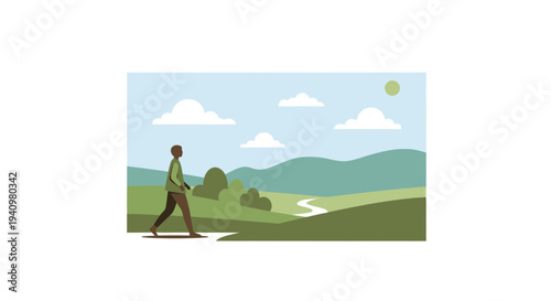 Man Walking Through Green Meadow Landscape Under Bright Sunny Sky