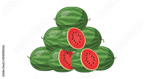 Eight striped watermelons are arranged in a pyramid, with two cut open to show red flesh and seeds, on a clean white background.