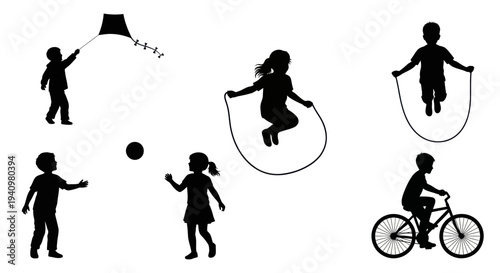 Happy Children Playing Outdoor Activity Game Fun Silhouette Vector Set