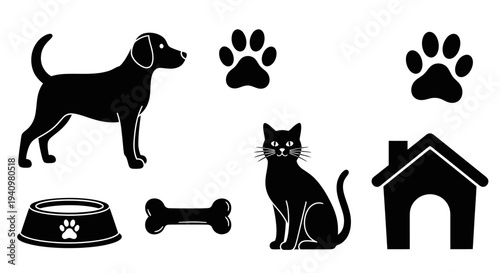 Pet Shop Service Icons Featuring Dog Cat Paw And Accessories