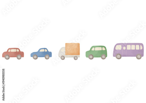 水彩風のかわいい車と乗り物の横並びイラストセット｜自動車・トラック・バス・交通・移動・モビリティ・ベクター