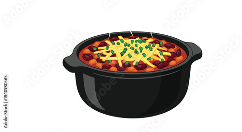 A black ceramic bowl filled with thick bean chili topped with shredded yellow cheese and green chives sits isolated on a white background.