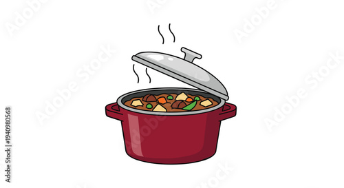 A red ceramic cooking pot filled with hot steaming vegetable stew and meat chunks sits with its silver lid slightly open on a white base.