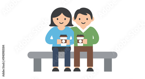 Cute Couple Sitting on Bench Drinking Coffee Together Illustration