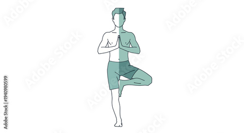 Man Doing Yoga Tree Pose Vrikshasana Exercise Flat Vector Illustration