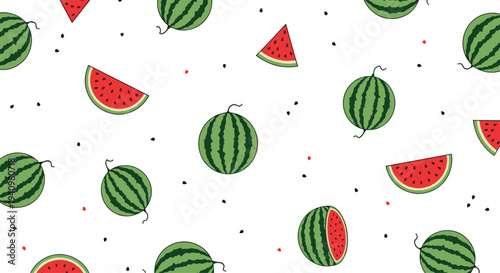 Various whole and sliced watermelons with scattered black seeds create a repeating pattern on a pristine white background.