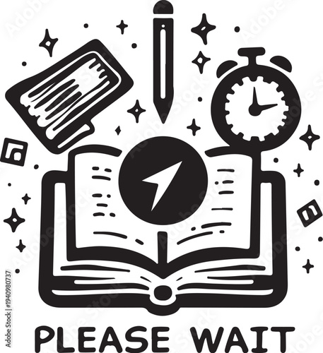 Vector icon of book, pencil, clock and notebook with please wait text