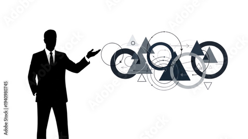 Businessman Presenting Abstract Geometric Data Visualization for Modern Technology and Business Insights