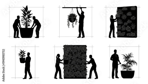 Illustration of individuals actively involved in urban plant care, setting up vertical gardens and fostering vibrant indoor green spaces