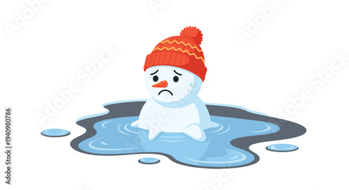 A sad snowman wearing a red knit winter hat melts into a large blue puddle with ripples on a clean white background.