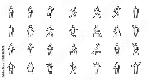 simple outline people icons set illustrating various human actions like standing walking and sitting ideal for ui design and infographic concepts