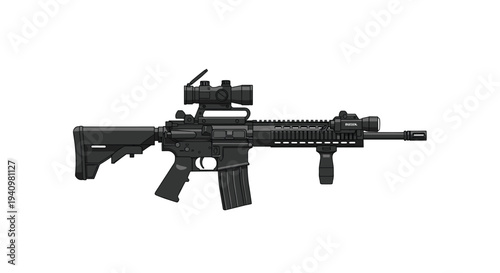 A detailed, shaded illustration of an M4 carbine rifle, complete with a scope and tactical light, rests on a white background.
