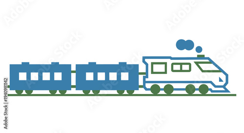 Blue outline of a steam train with three cars on green tracks