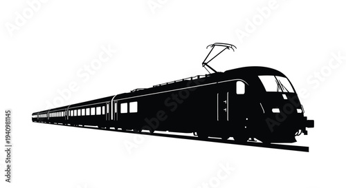 Black silhouette of a modern high speed passenger train on railway tracks