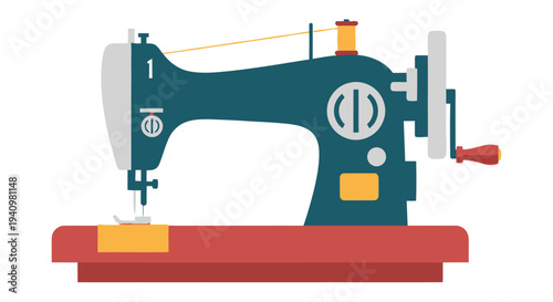 A colorful flat style illustration of a classic sewing machine on a red base