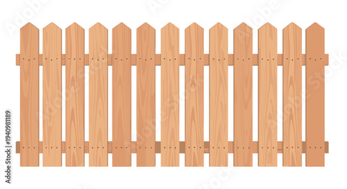 A section of a light brown wooden picket fence with pointed tops and visible grain texture stands horizontally against a white background.