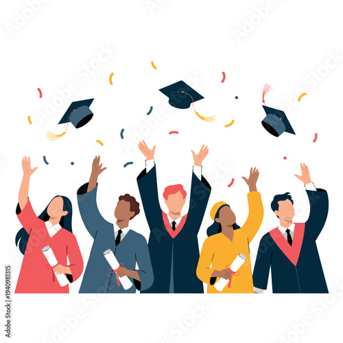 Diverse graduates celebrating with confetti and diplomas