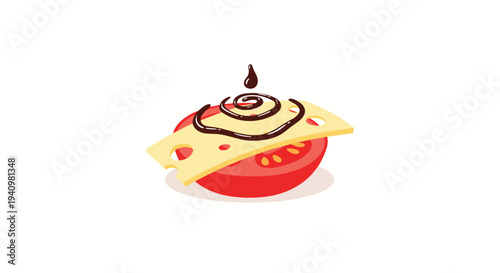 A red tomato slice is topped with a piece of holey Swiss cheese and a dark balsamic glaze swirl on an off-white background.