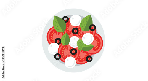 A Caprese salad with red tomato slices, white mozzarella, green basil, and black olives is arranged on a grey plate.