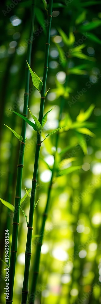Fototapeta premium Emerald bamboo stalks burst with electric greens against a diffused, sun-kissed backdrop, artfully blurred, vivid green, natural beauty