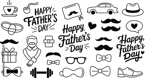 Happy Fathers Day icon set, mustache hat glasses gift elements, father celebration symbols collection, greeting design, family holiday concept illustration