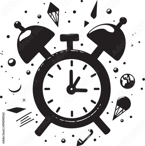 Vector illustration of alarm clock with space icons