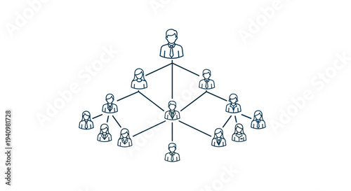 A hierarchical organizational chart, featuring blue outline icons of business people connected by lines, forms a pyramid on a white background.