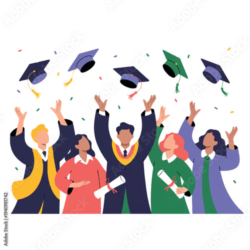 Group of graduates celebrating success with caps and diplomas