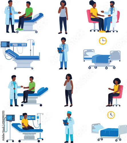 Medical healthcare professionals and patients in hospital clinic setting flat vector illustration for doctor consultation and patient care