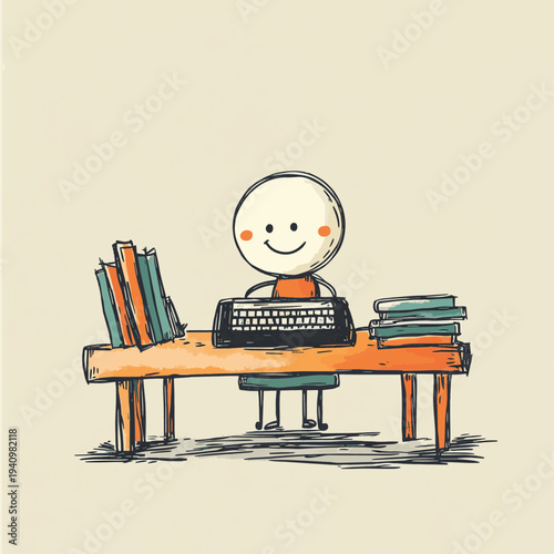 A happy stick figure person quickly typing on an old fashioned typewriter at a desk with books and a chair. , vector style simple color