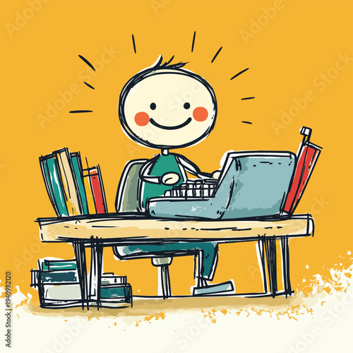 A happy stick figure person quickly typing on an old fashioned typewriter at a desk with books and a chair. , vector style simple color